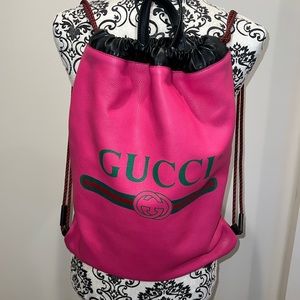 Gucci Authentic Pink Leather Logo Print Drawstring Backpack Large